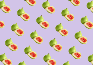 Image of Pattern of cut and whole green figs on lavender background