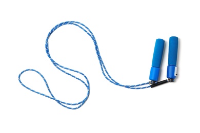 Photo of Jump rope on white background, top view