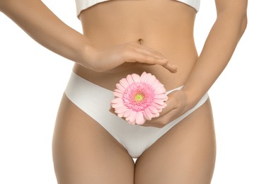 Photo of Gynecology. Woman in underwear with gerbera flower on white background, closeup