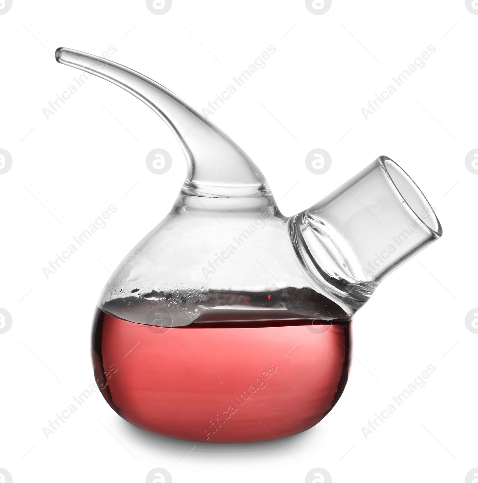 Image of Retort flask with red liquid isolated on white. Laboratory glassware