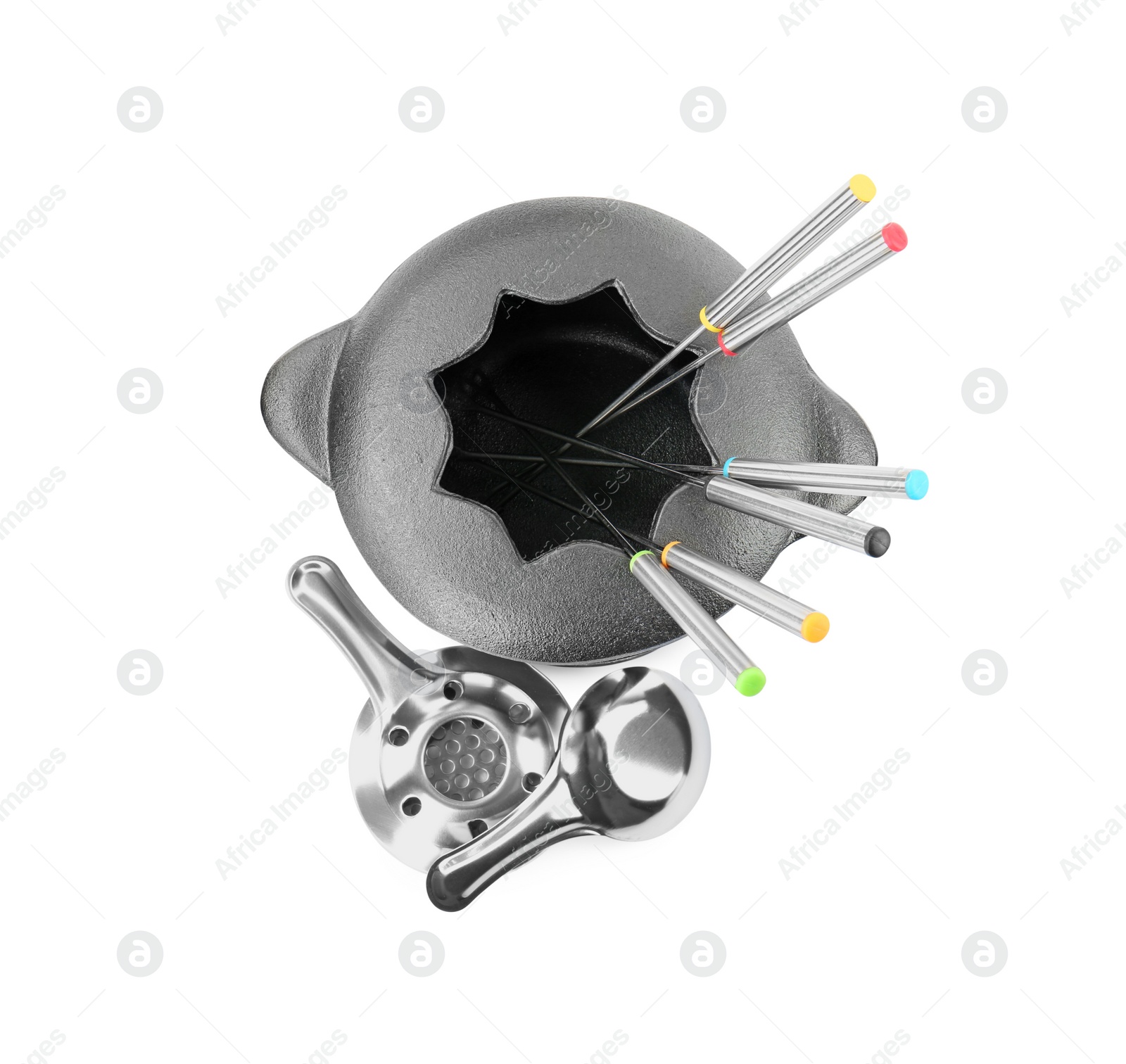 Photo of Fondue set isolated on white, top view. Kitchen equipment