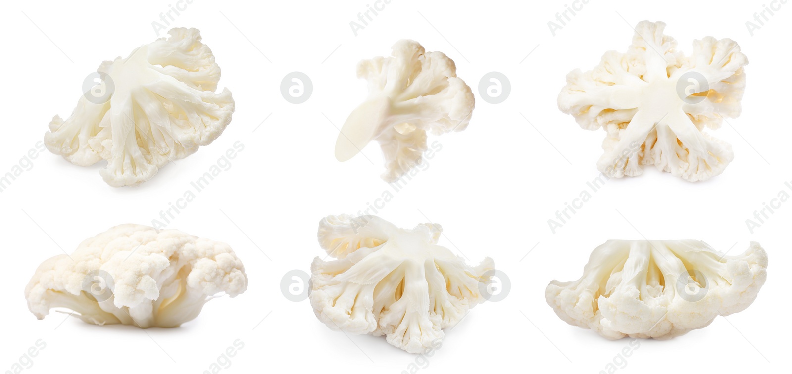 Image of Collage of fresh raw cauliflower florets on white background
