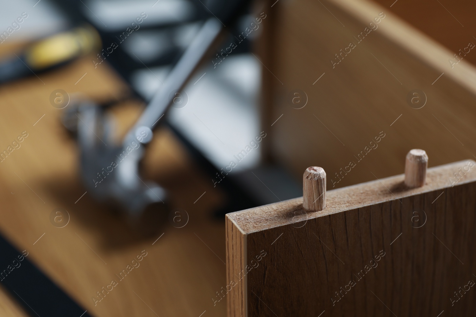 Photo of Closeup view of wooden plank with dowels on blurred background, space for text. Furniture assembly