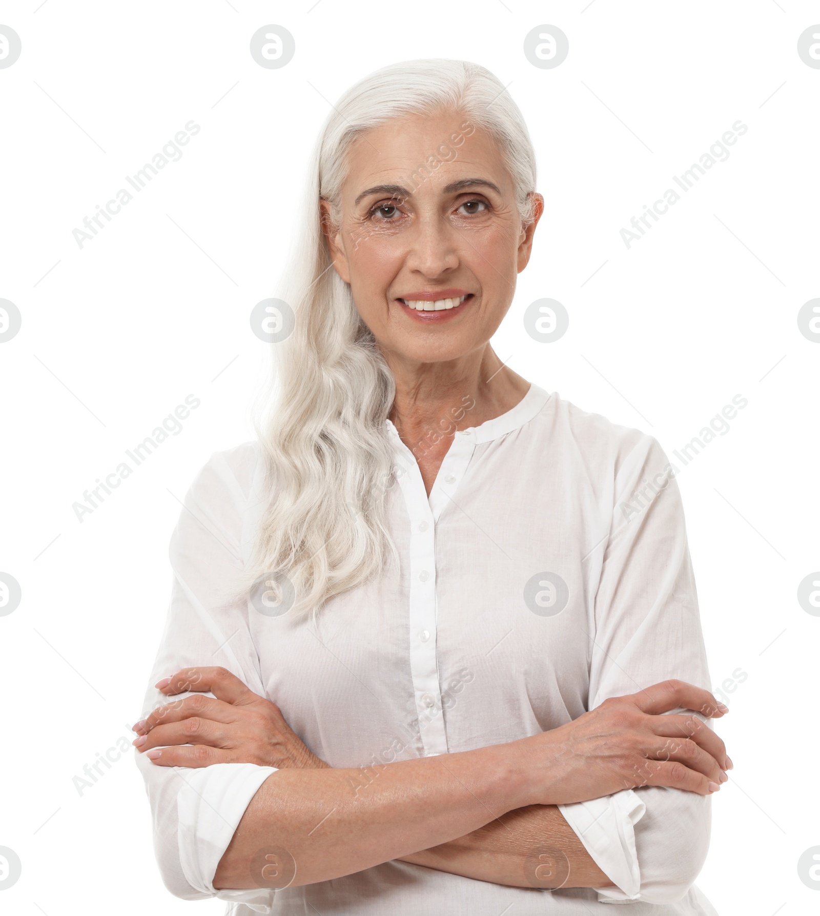 Photo of Portrait of beautiful mature woman on white background