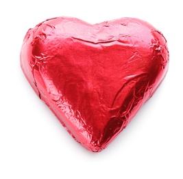 Photo of Heart shaped chocolate candy in red foil isolated on white, top view