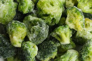 Photo of Frozen broccoli florets as background, closeup. Vegetable preservation