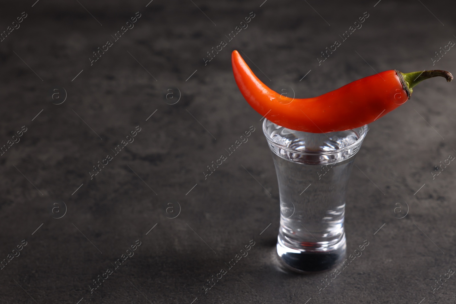 Photo of Red hot chili pepper and vodka in shot glass on grey table, space for text