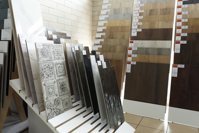 Assortment of tiles in store. Many different samples indoors