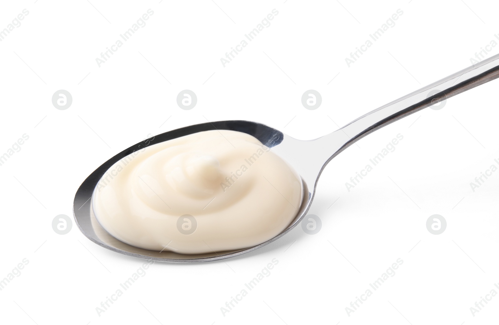 Photo of Spoon with tasty mayonnaise isolated on white