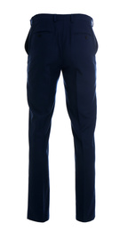 Photo of Stylish trousers on mannequin against white background, back view. Men's clothes