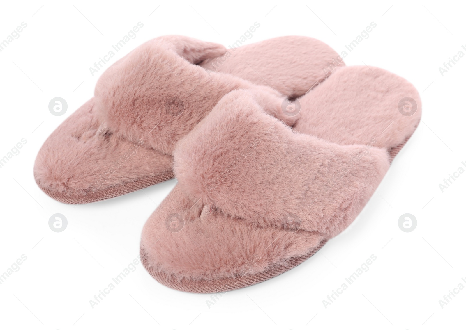 Photo of Pair of pink soft slippers isolated on white