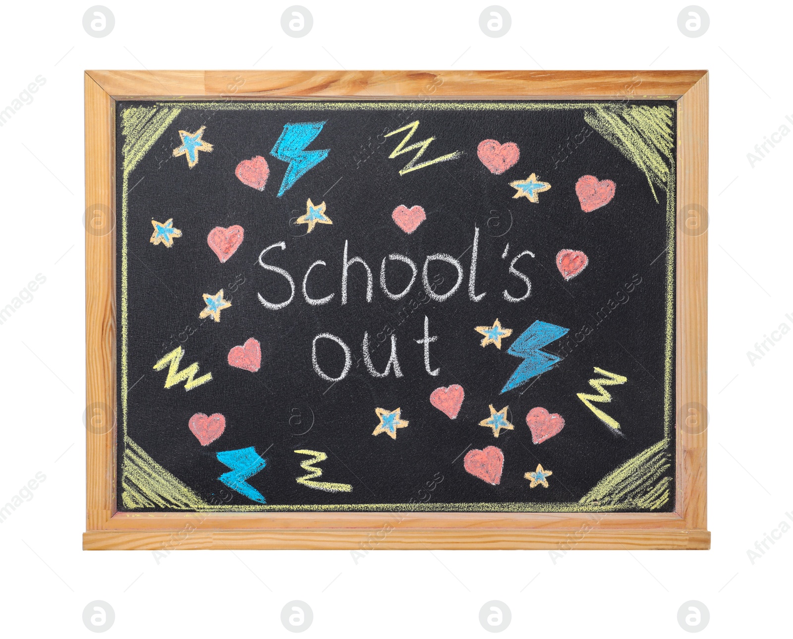 Photo of Blackboard with words School's Out and pictures isolated on white. Summer holidays