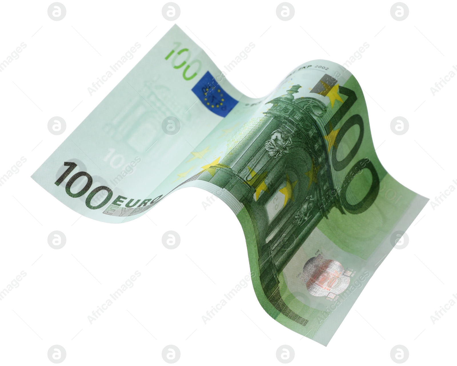 Photo of Flying one hundred Euro banknote isolated on white