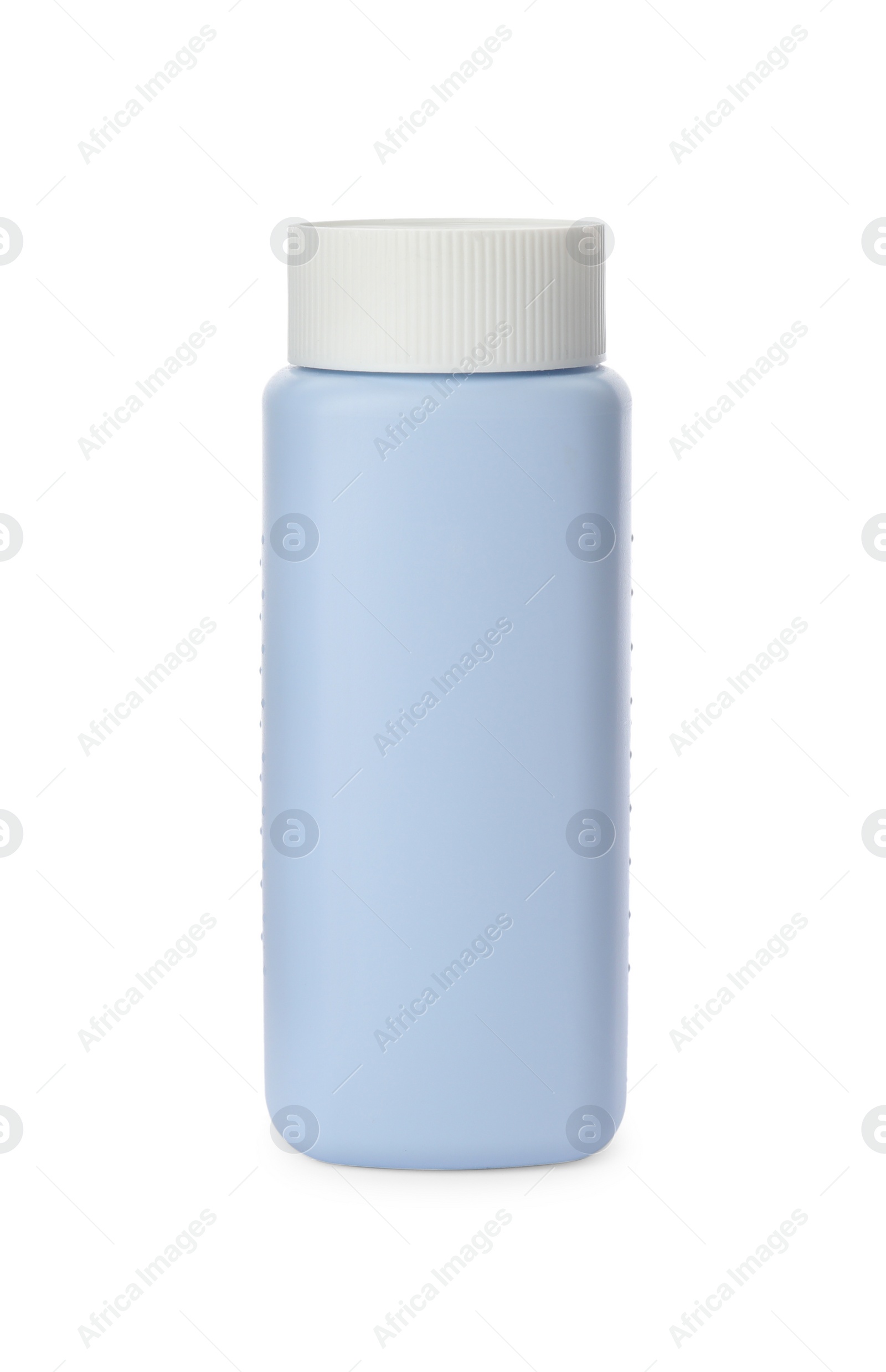 Photo of Bottle of dusting powder isolated on white, space for design. Baby cosmetic product