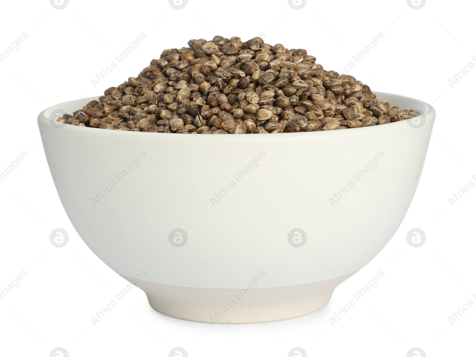 Photo of Ceramic bowl with chia seeds isolated on white. Cooking utensil