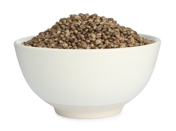 Ceramic bowl with chia seeds isolated on white. Cooking utensil