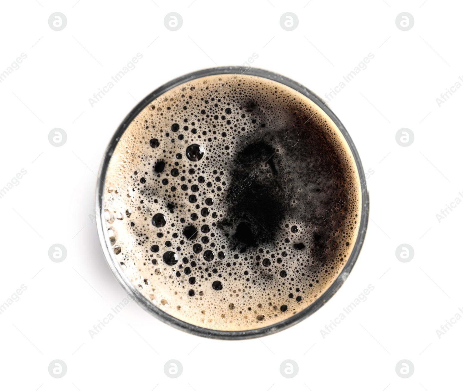 Photo of Glass of cold tasty beer on white background, top view