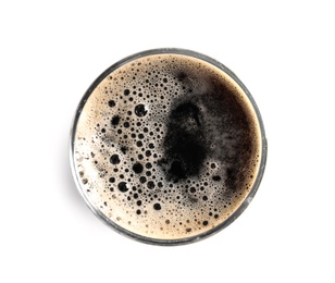 Photo of Glass of cold tasty beer on white background, top view