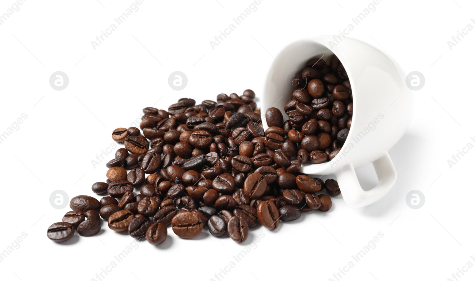 Photo of Cup and roasted coffee beans on white background