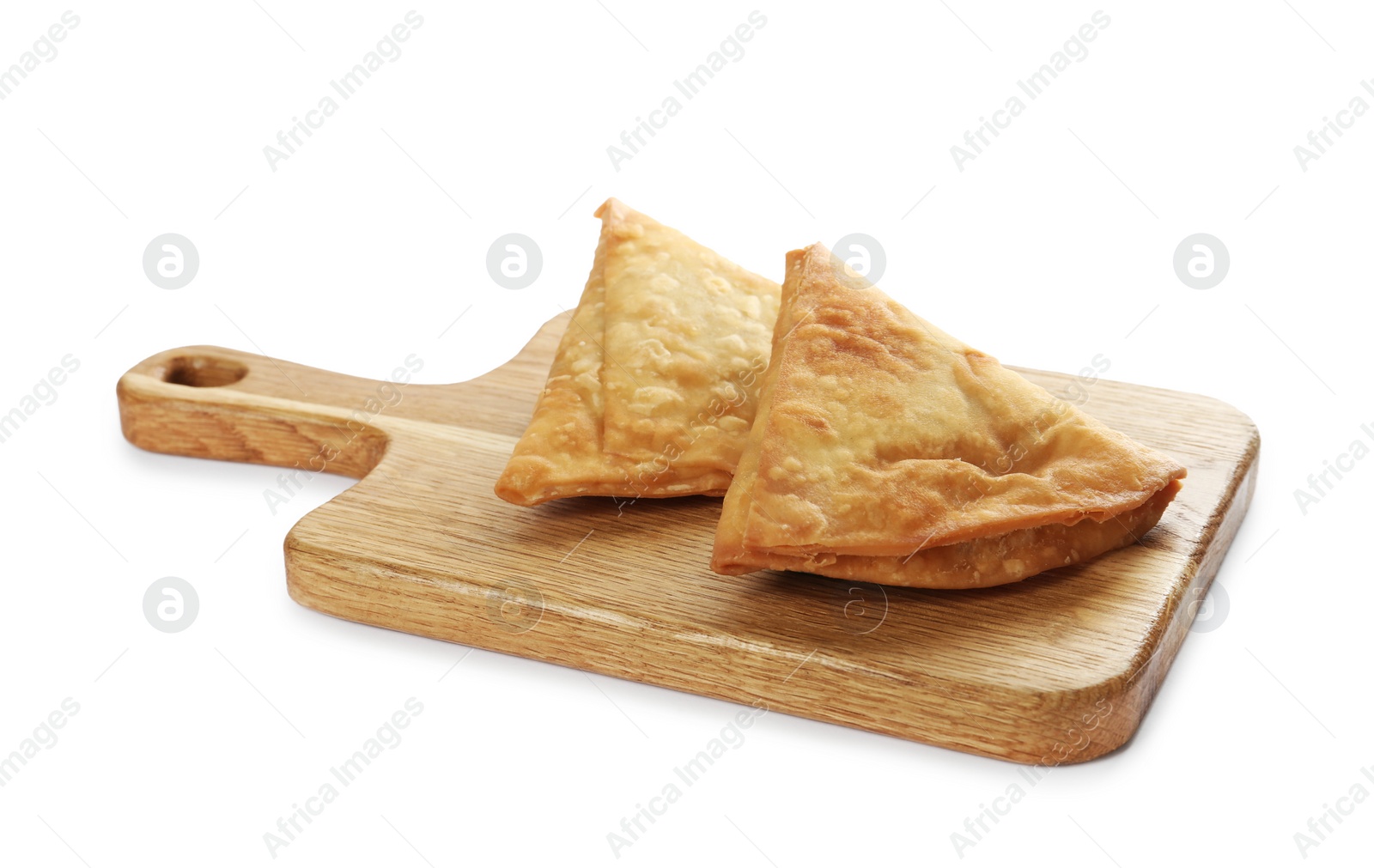 Photo of Fresh delicious crispy samosas on white background