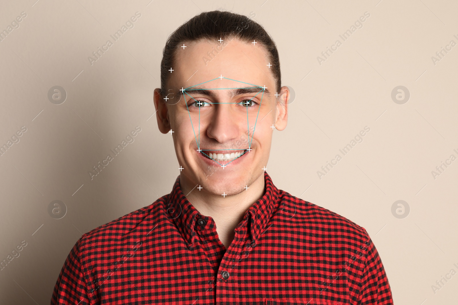 Image of Facial recognition system. Man with and digital biometric grid on light background