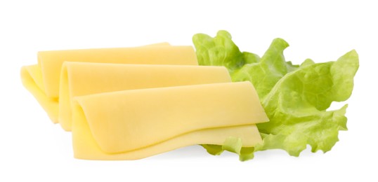 Slices of tasty fresh cheese and lettuce isolated on white