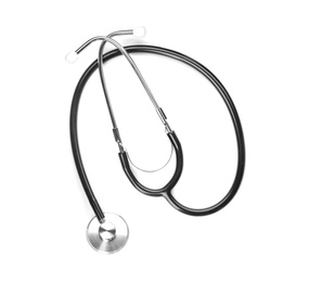 Photo of Stethoscope on white background, top view. Medical object