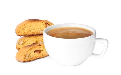 Photo of Tasty cantucci and cup of aromatic coffee on white background. Traditional Italian almond biscuits