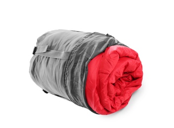 Photo of Rolled sleeping bag on white background. Camping equipment