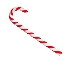 Photo of Candy cane on white background. Traditional Christmas treat