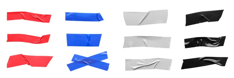 Image of Collage with pieces of colorful insulating tapes on white background, top view