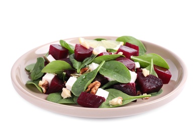 Photo of Delicious beet salad with spinach and feta cheese isolated on white