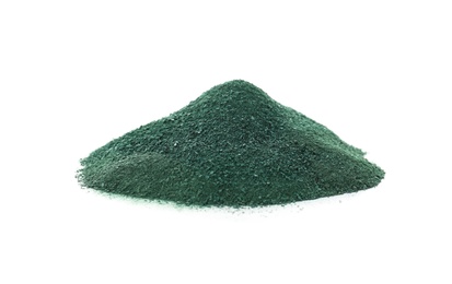 Photo of Heap of spirulina algae powder on white background