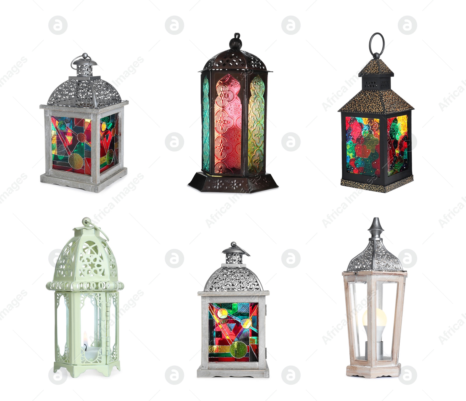 Image of Set with different traditional Arabic lanterns on white background 