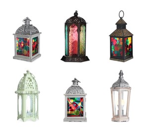 Image of Set with different traditional Arabic lanterns on white background 