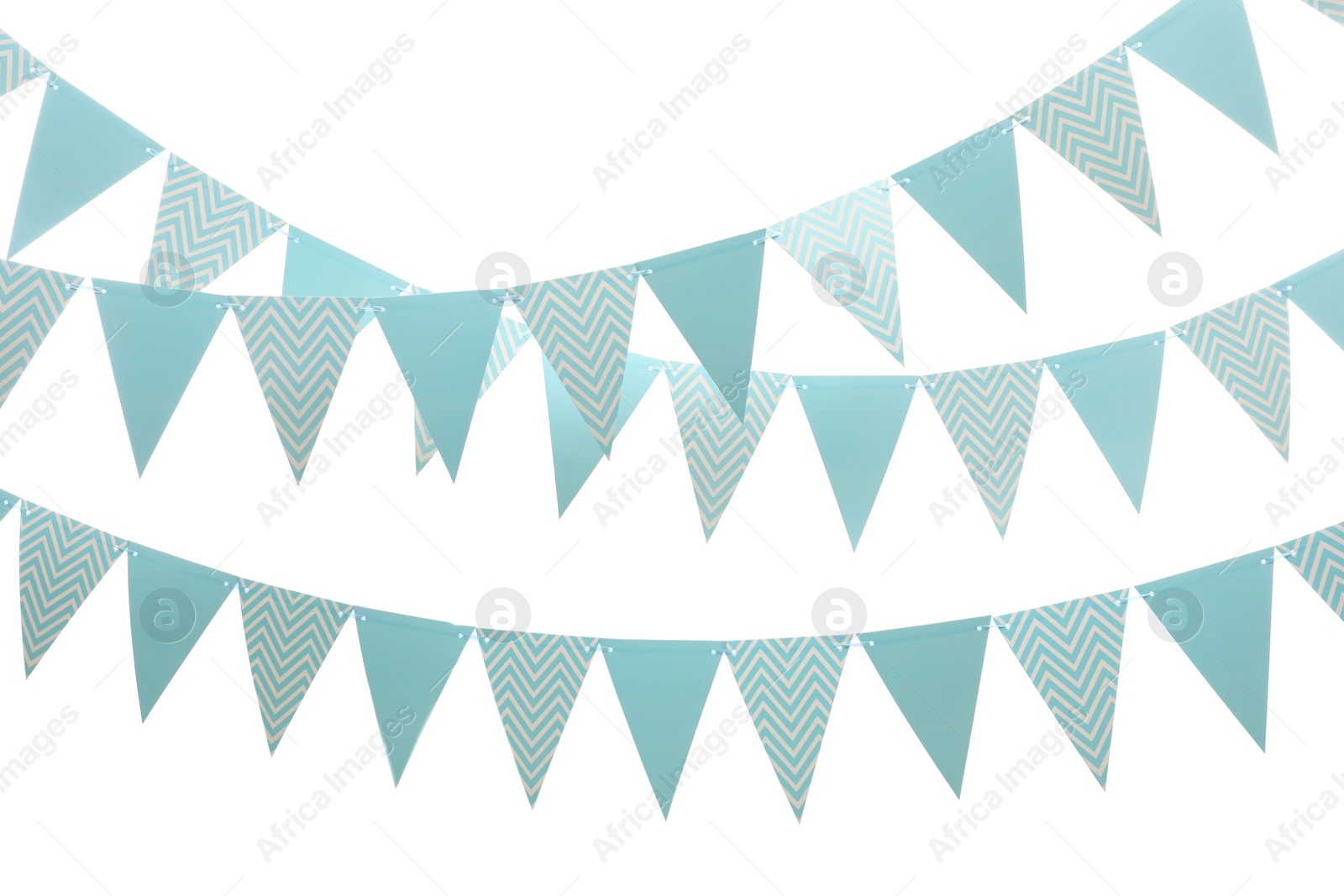 Photo of Rows of triangular bunting flags on white background. Festive decor