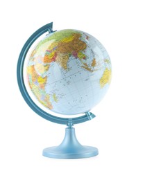 Photo of Plastic model globe of Earth isolated on white. Geography lesson