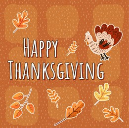 Illustration of Thanksgiving day card design. Text, autumn leaves and turkey on orange background, illustration