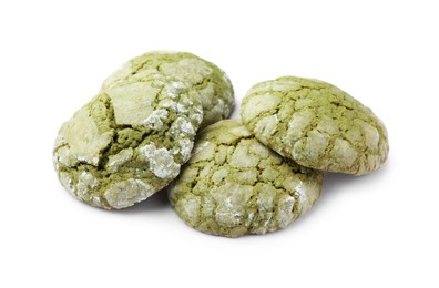 Many tasty matcha cookies isolated on white