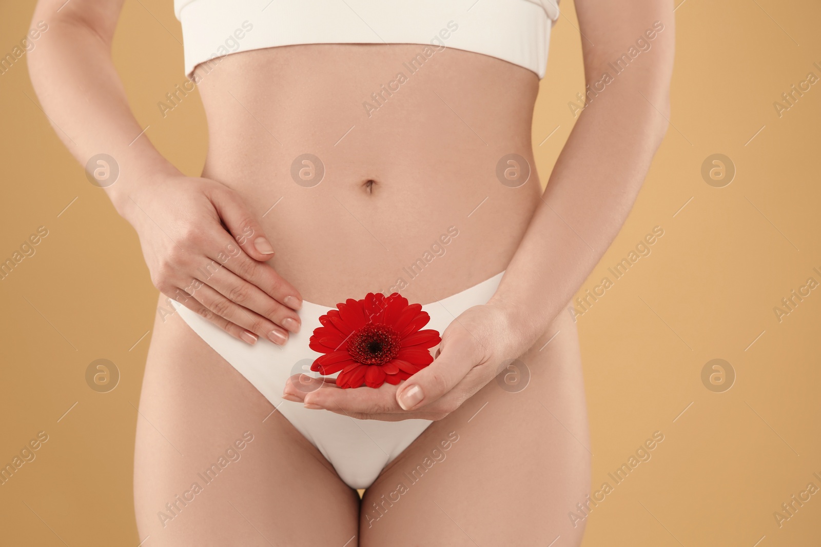 Photo of Gynecology. Woman in underwear with gerbera flower on yellow background, closeup