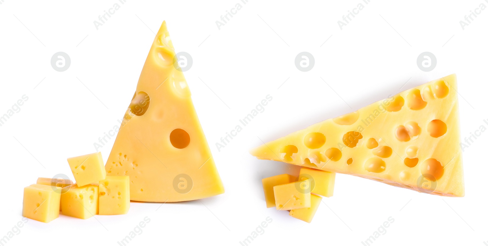 Image of Pieces of delicious cheese on white background. Banner design