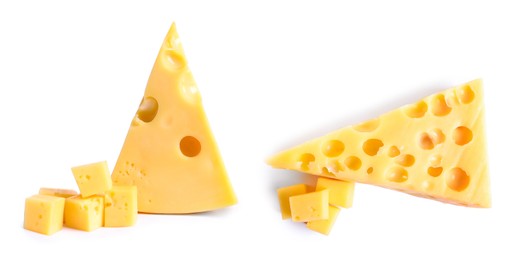 Image of Pieces of delicious cheese on white background. Banner design