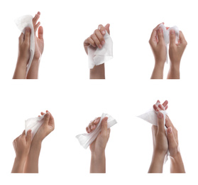 Image of Closeup view of people cleaning hands with wet wipes on white background, collage