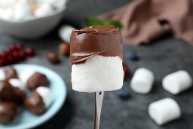 Photo of Marshmallow on stick dipped into chocolate against blurred background, closeup