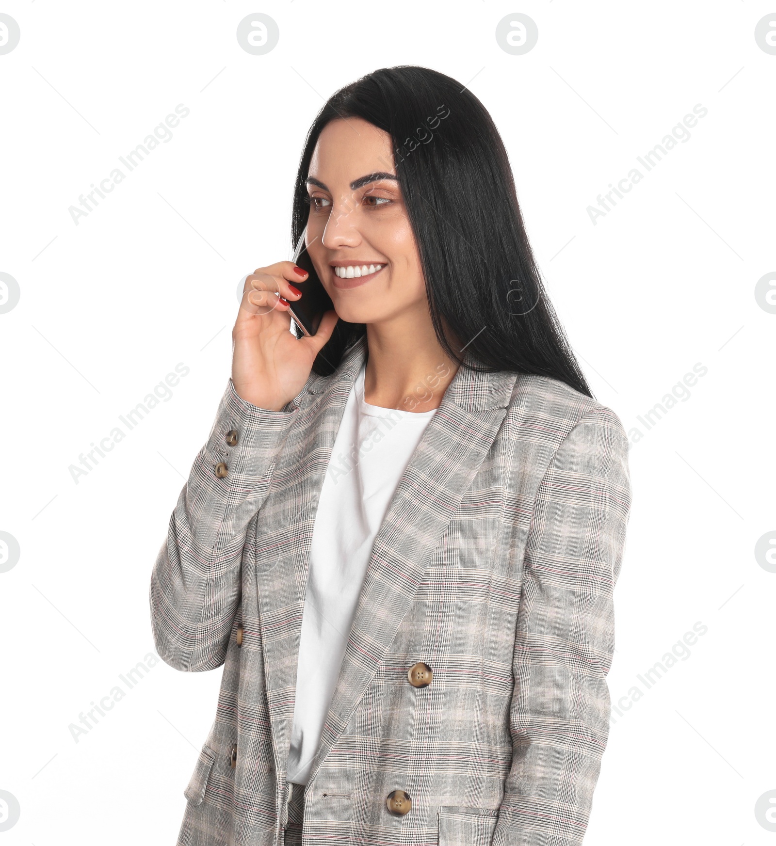 Photo of Beautiful young businesswoman talking by phone on white background