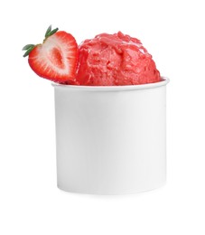 Delicious pink ice cream with strawberry in paper cup isolated on white