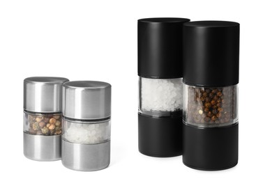 Image of Different pepper and salt shakers on white background, collage