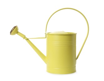Yellow metal watering can isolated on white
