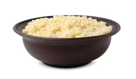 Tasty couscous in bowl isolated on white