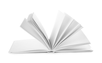 Photo of Open hardcover book with blank pages on white background